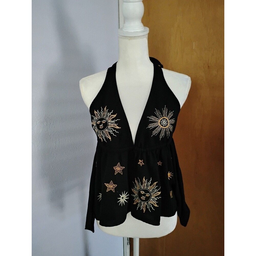 Romwe Black Halter Sun Star Embroidery Hippie Festival Boho Feminine Size XL